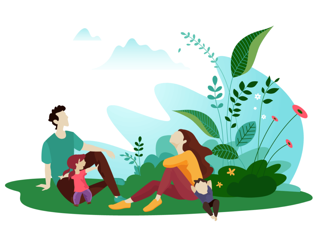Illustration of a family sitting together in a garden